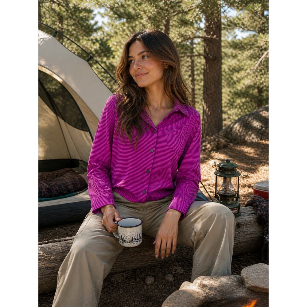 Prana Striped Button Front Top Women's S‎ Pink Purple Long Sleeve Outdoor Hiking